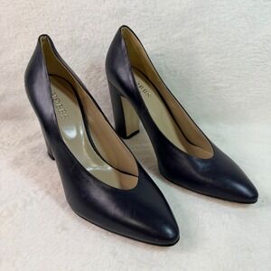 Hobbs London Navy Blue Leather Pointed Toe Block Heel Pumps Made in Italy Sz 40